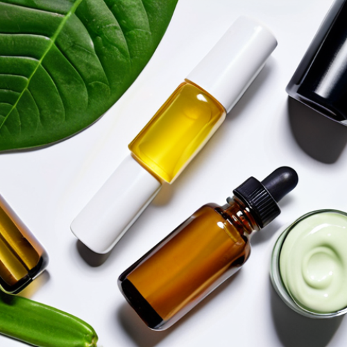 Home 4 **Skincare Ingredients Close-Up:** A close-up shot showcasing various skincare ingredients like retinol capsules, hyaluronic acid serum, peptide cream, aloe vera leaf, green tea leaves, and jojoba oil, arranged aesthetically on a clean surface.