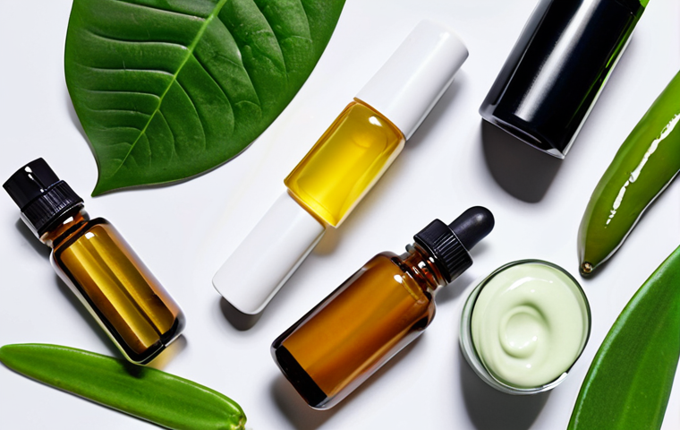 **Skincare Ingredients Close-Up:** A close-up shot showcasing various skincare ingredients like retinol capsules, hyaluronic acid serum, peptide cream, aloe vera leaf, green tea leaves, and jojoba oil, arranged aesthetically on a clean surface.